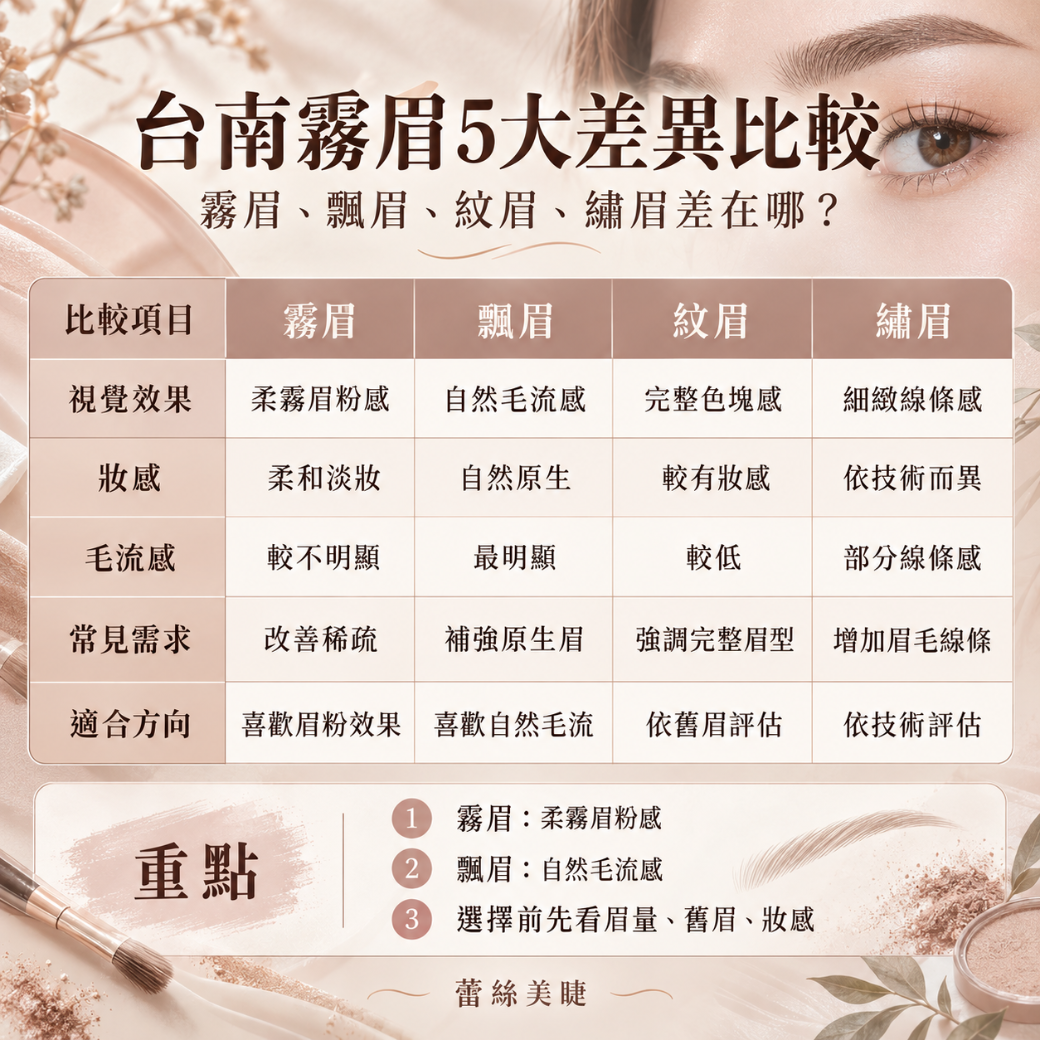 台南霧眉推薦 霧眉、飄眉、紋眉、繡眉比較表格